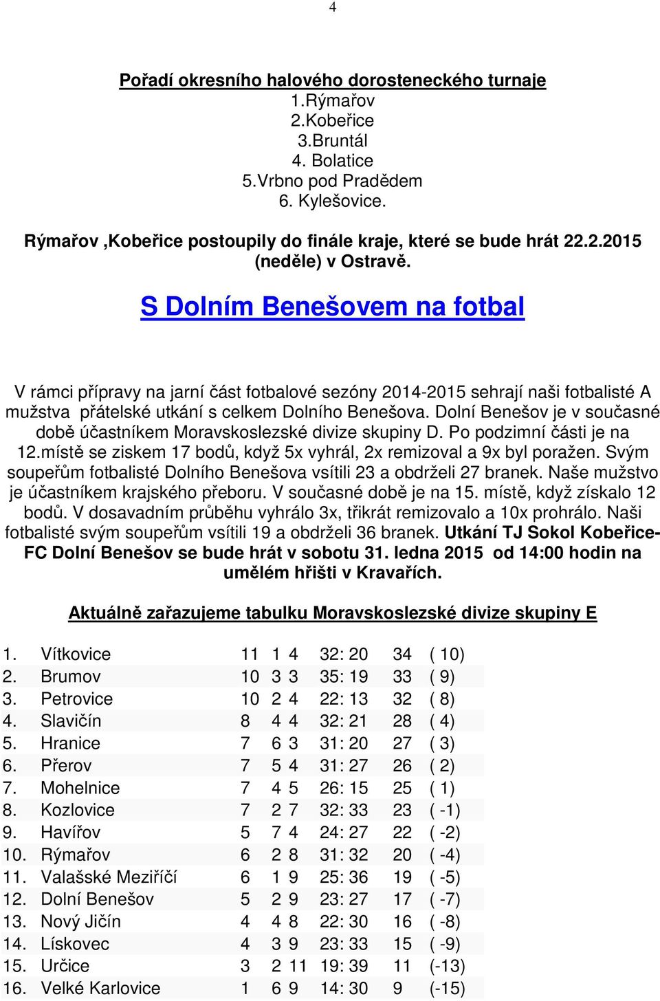 Dolní Benešov je v současné době účastníkem Moravskoslezské divize skupiny D. Po podzimní části je na 12.místě se ziskem 17 bodů, když 5x vyhrál, 2x remizoval a 9x byl poražen.