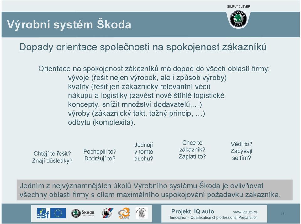 takt, tažný princip, ) odbytu (komplexita). Chtějí to řešit? Znají důsledky? Pochopili to? Dodržují to? Jednají v tomto duchu? Chce to zákazník? Zaplatí to? Vědí to?