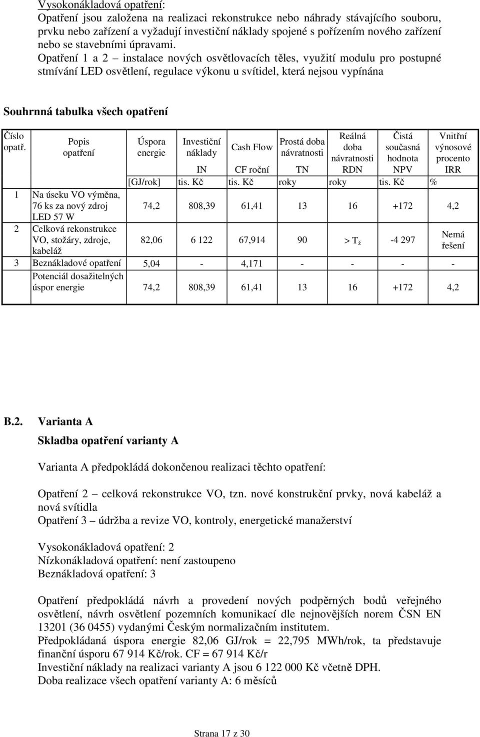 Opatření 1 a 2 instalace nových osvětlovacích těles, využití modulu pro postupné stmívání LED osvětlení, regulace výkonu u svítidel, která nejsou vypínána Souhrnná tabulka všech opatření Číslo opatř.