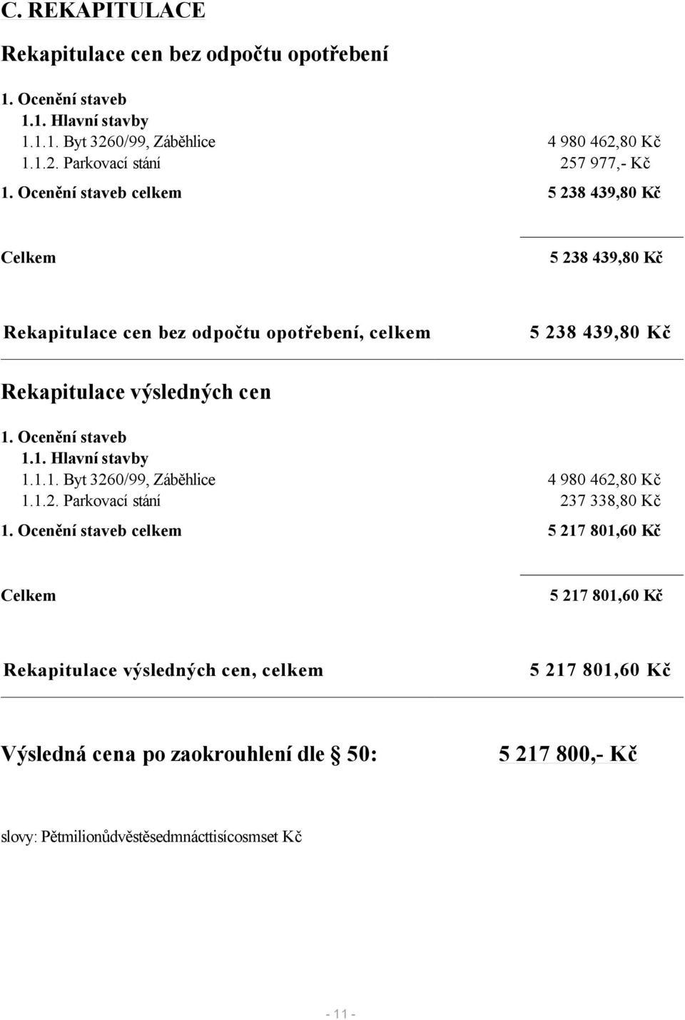 Ocenění staveb 1.1. Hlavní stavby 1.1.1. Byt 3260/99, Záběhlice 4 980 462,80 Kč 1.1.2. Parkovací stání 237 338,80 Kč 1.