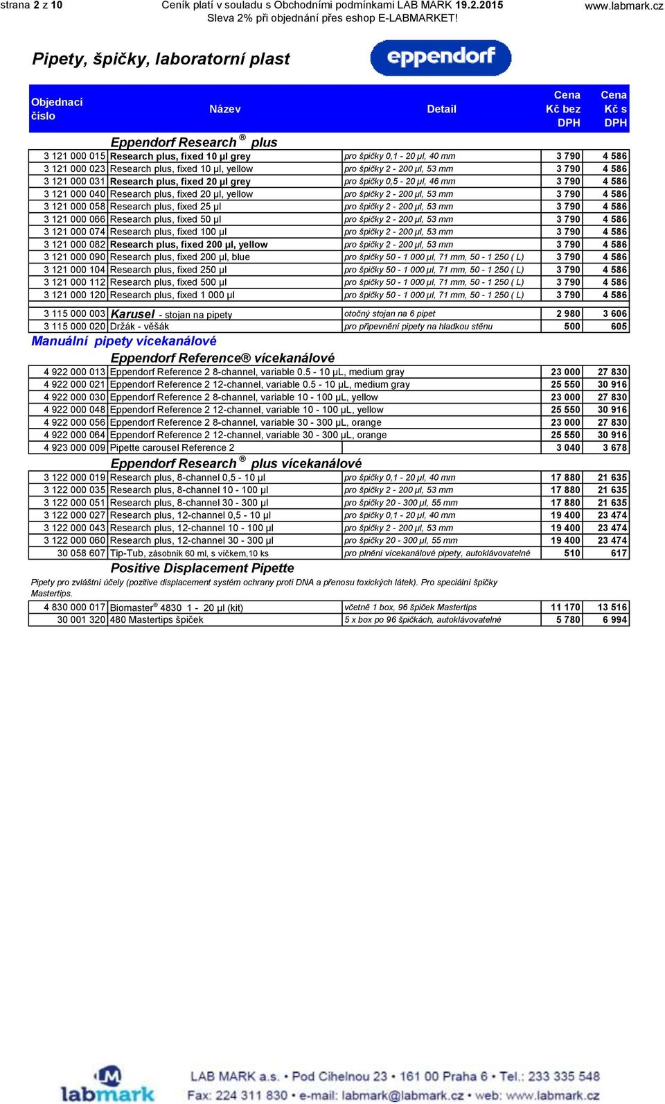 2015 Eppendorf Research plus 3 121 000 015 Research plus, fixed 10 µl grey pro špičky 0,1-20 µl, 40 mm 3 790 4 586 3 121 000 023 Research plus, fixed 10 µl, yellow pro špičky 2-200 µl, 53 mm 3 790 4