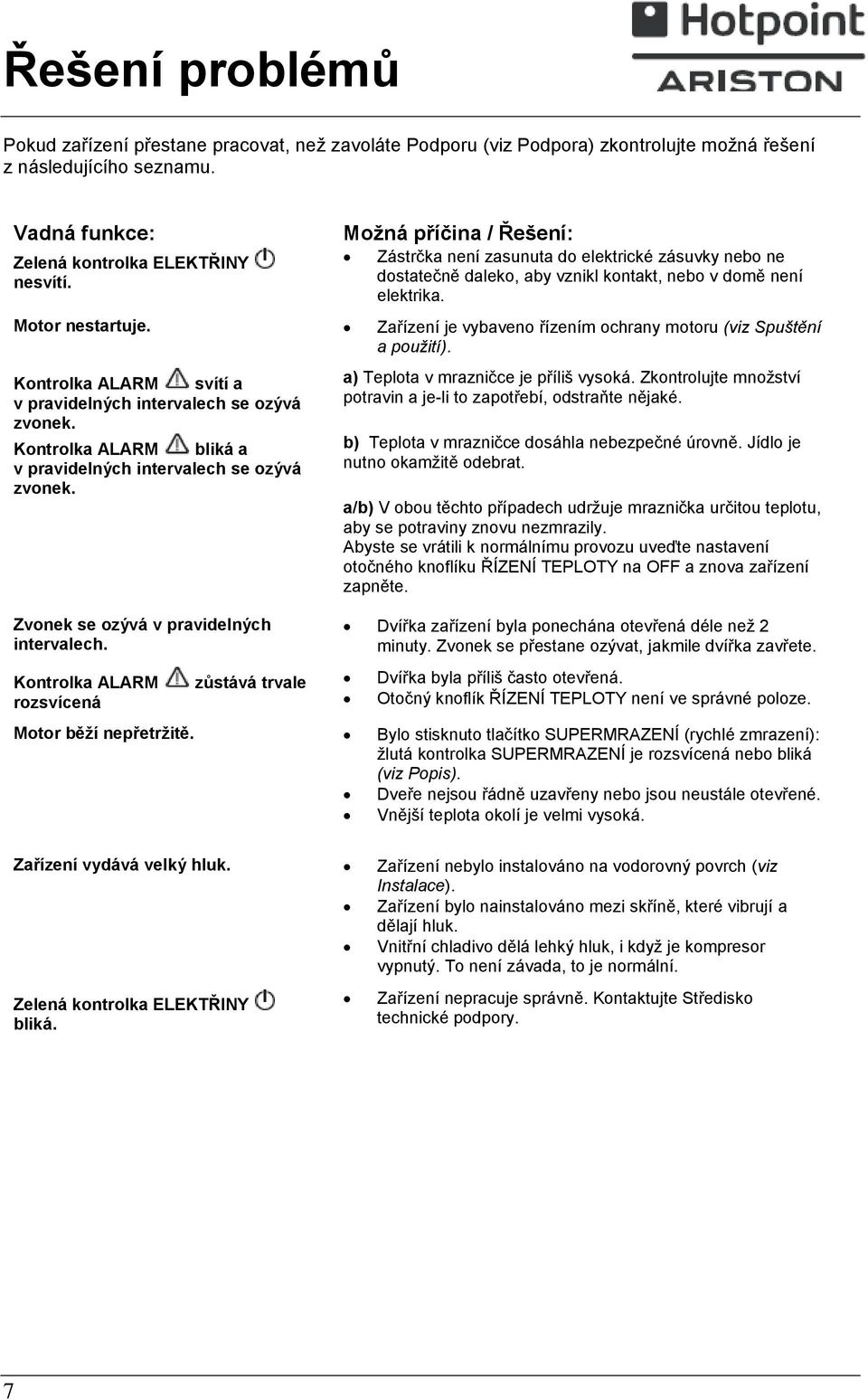 Zařízení je vybaveno řízením ochrany motoru (viz Spuštění a použití). Kontrolka ALARM svítí a v pravidelných intervalech se ozývá zvonek.