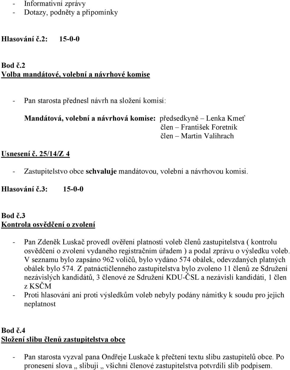 Valihrach Usnesení č. 25/14/Z 4 - Zastupitelstvo obce schvaluje mandátovou, volební a návrhovou komisi. Hlasování č.3: 15-0-0 Bod č.