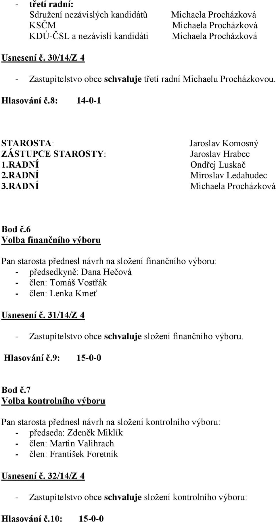 6 Volba finančního výboru Pan starosta přednesl návrh na složení finančního výboru: - předsedkyně: Dana Hečová - člen: Tomáš Vostřák - člen: Lenka Kmeť Usnesení č.