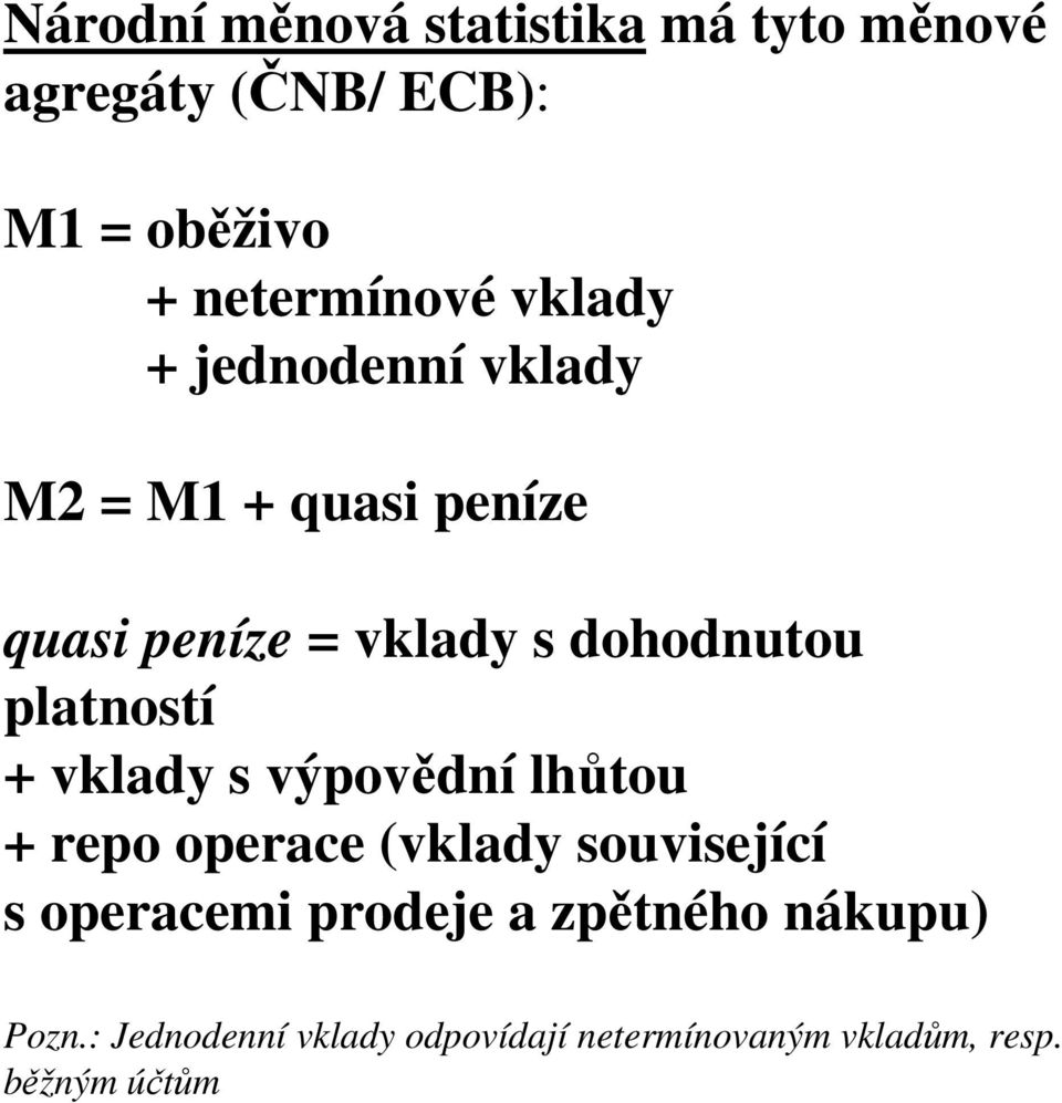 platností + vklady s výpovědní lhůtou + repo operace (vklady související s operacemi