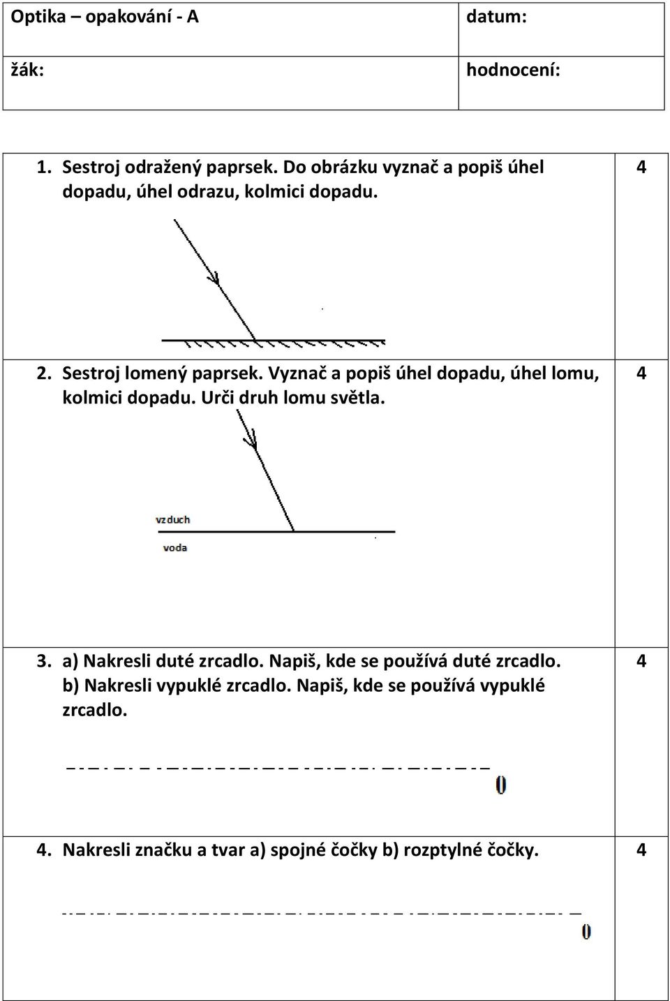 Vyznač a popiš úhel dopadu, úhel lomu, kolmici dopadu. Urči druh lomu světla. 3. a) Nakresli duté zrcadlo.