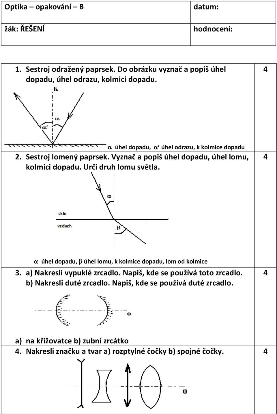 Vyznač a popiš úhel dopadu, úhel lomu, kolmici dopadu. Urči druh lomu světla. úhel dopadu, úhel lomu, k kolmice dopadu, lom od kolmice 3.