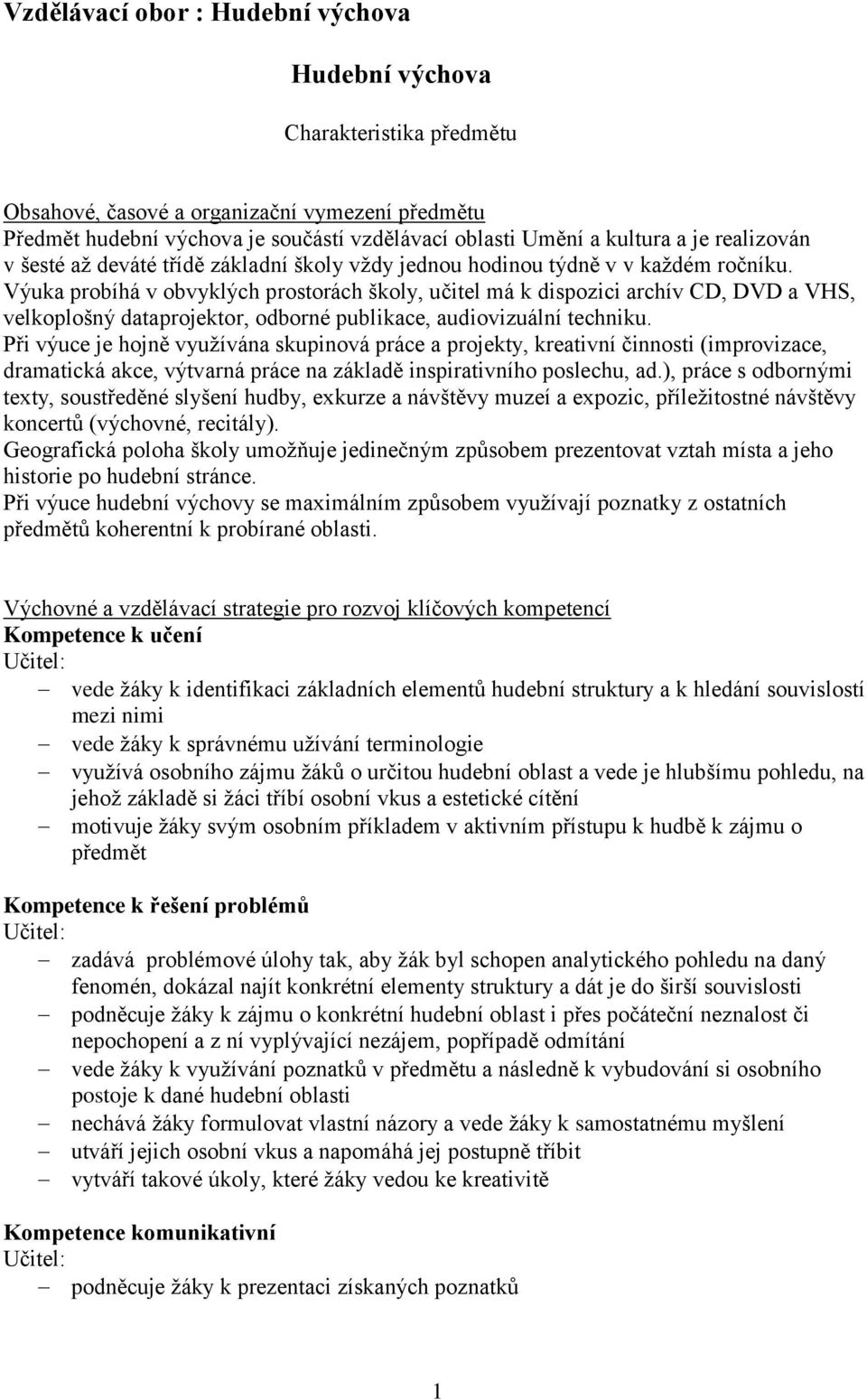 Výuka probíhá v obvyklých prostorách školy, učitel má k dispozici archív CD, DVD a VHS, velkoplošný dataprojektor, odborné publikace, audiovizuální techniku.