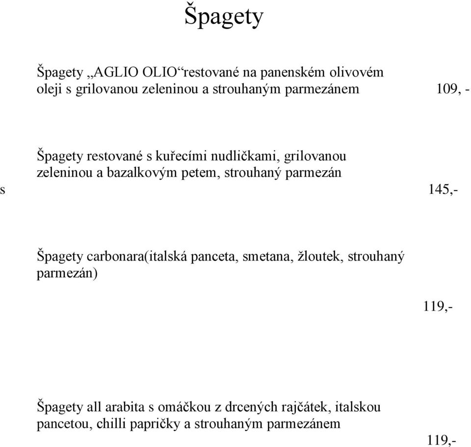 strouhaný parmezán s 145,- Špagety carbonara(italská panceta, smetana, žloutek, strouhaný parmezán) 119,-