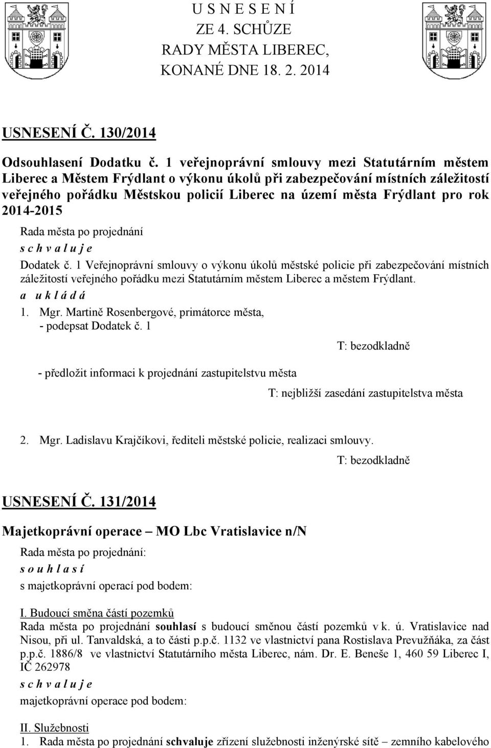 rok 2014-2015 Dodatek č. 1 Veřejnoprávní smlouvy o výkonu úkolů městské policie při zabezpečování místních záležitostí veřejného pořádku mezi Statutárním městem Liberec a městem Frýdlant. 1. Mgr.