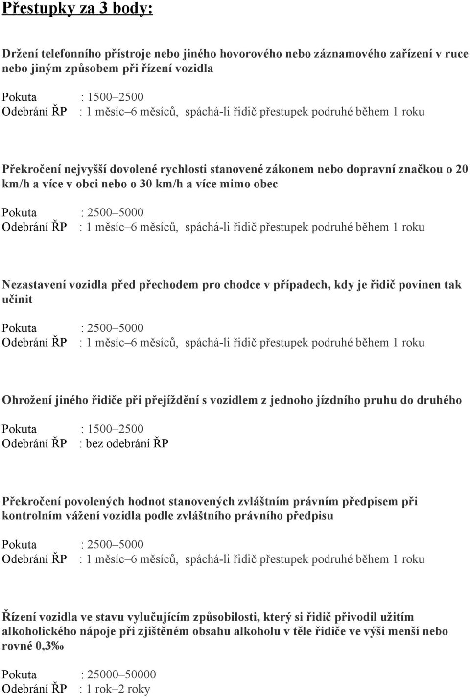 řidiče při přejíždění s vozidlem z jednoho jízdního pruhu do druhého Překročení povolených hodnot stanovených zvláštním právním předpisem při kontrolním vážení vozidla podle zvláštního právního