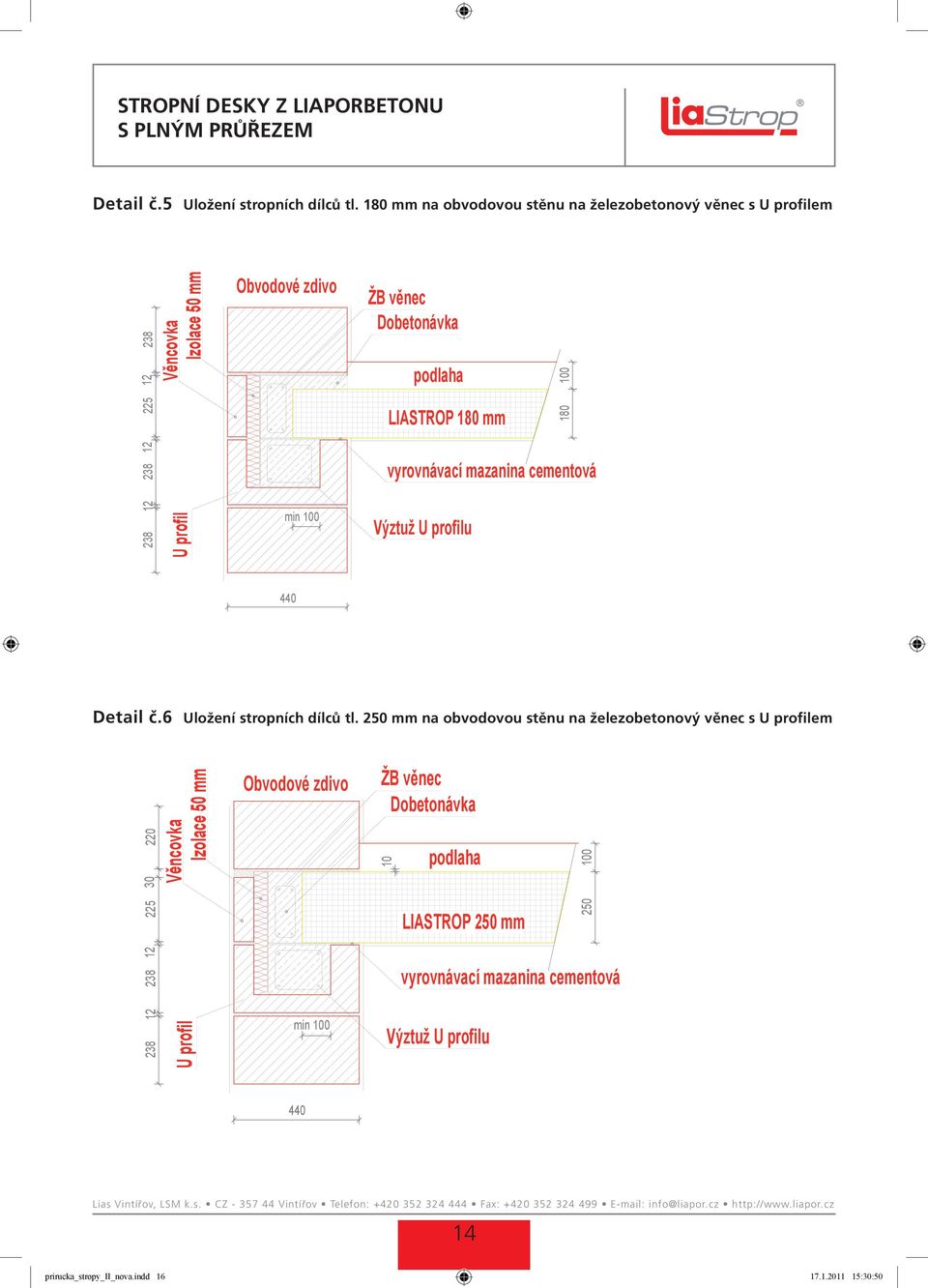 ŽB věnec Dobetonávka LIASTROP 180 mm 180 100 vyrovnávací mazanina cementová 238 12 U profil min 100 Výztuž U profilu 440 Detail ULOŽENÍ STROPNÍCH č.