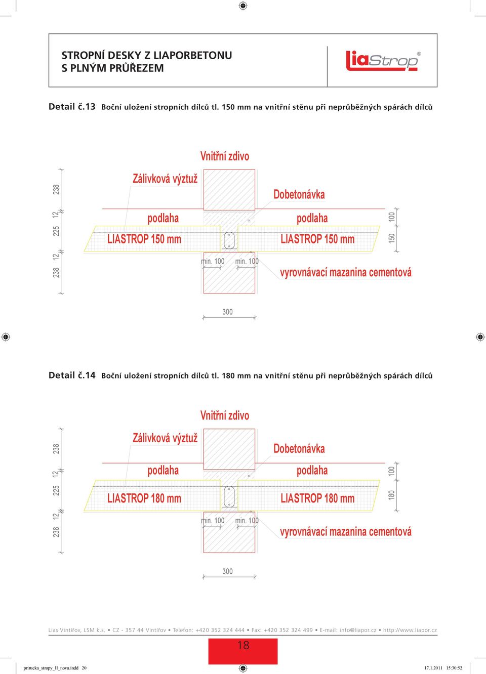 LIASTROP 150 mm min. 100 min. 100 Dobetonávka LIASTROP 150 mm 150 100 vyrovnávací mazanina cementová 300 Detail č.14 Boční Boční uložení uložení stropních dílců tl.