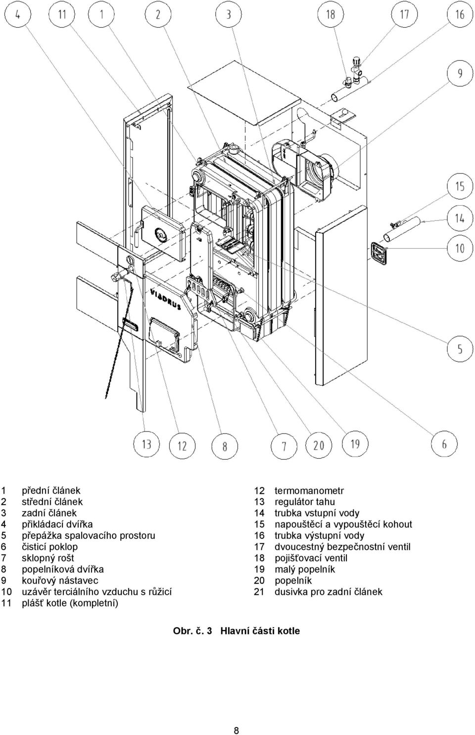 termomanometr 13 regulátor tahu 14 trubka vstupní vody 15 napouštěcí a vypouštěcí kohout 16 trubka výstupní vody 17