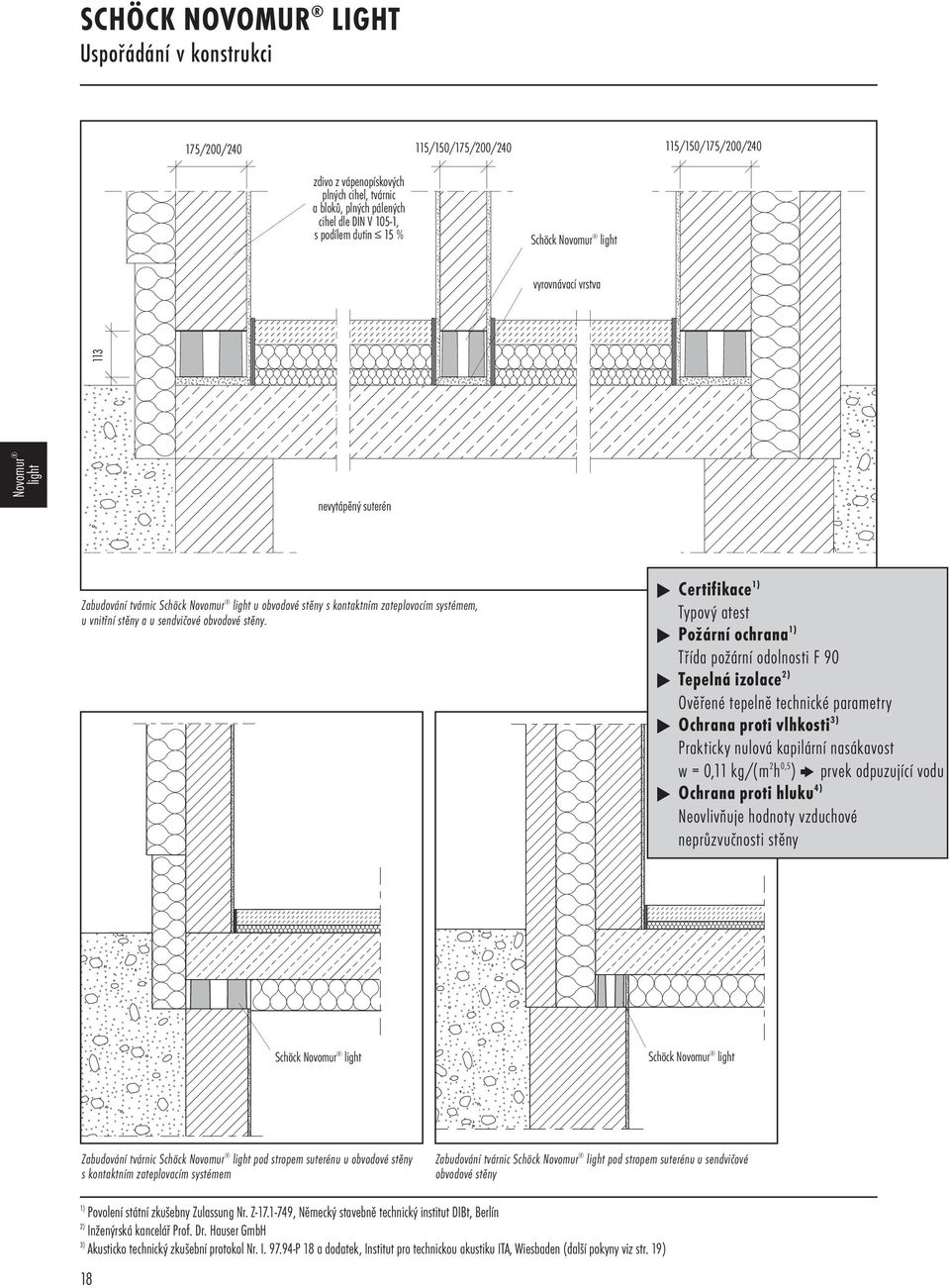 Certifikace 1) Typový atest Požární ochrana 1) Třída požární odolnosti F 90 Tepelná izolace 2) Ověřené tepelně technické parametry Ochrana proti vlhkosti 3) Prakticky nulová kapilární nasákavost w =