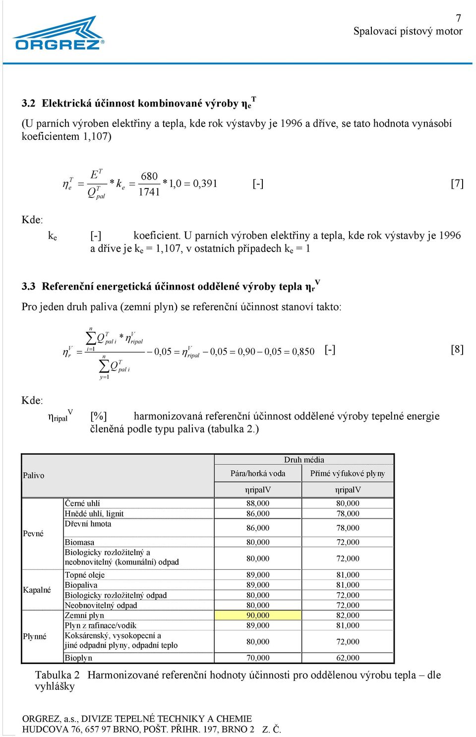 3 Referenční energetická účinnost oddělené výroby tepla η r Pro jeden druh paliva (zemní plyn) se referenční účinnost stanoví takto: n V Q pal i * ηripal V i= 1 V η r = 0,05 = ηripal 0,05 = 0,90 0,05