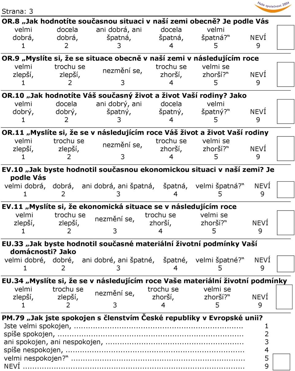 10 Jak hodnotíte Váš současný život a život Vaší rodiny? Jako velmi dobrý, docela dobrý, ani dobrý, ani špatný, docela špatný, velmi špatný? NEVÍ OR.