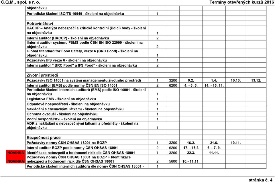 verze 6 - školení na objednávku 1 Interní auditor " BRC Food" a IFS Food" - školení na objednávku 2 Životní prostředí Požadavky ISO 14001 na systém managementu životního prostředí 1 3200 9.2. 1.4. 10.