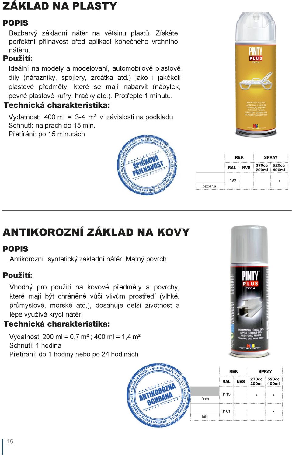 Vydatnost: 400 ml = 3-4 m² v závislosti na podkladu Schnutí: na prach do 15 min. Přetírání: po 15 minutách bezbarvá REF. RAL NVS I199 ANTIKOROZNÍ ZÁKLAD NA KOVY Antikorozní syntetický základní nátěr.