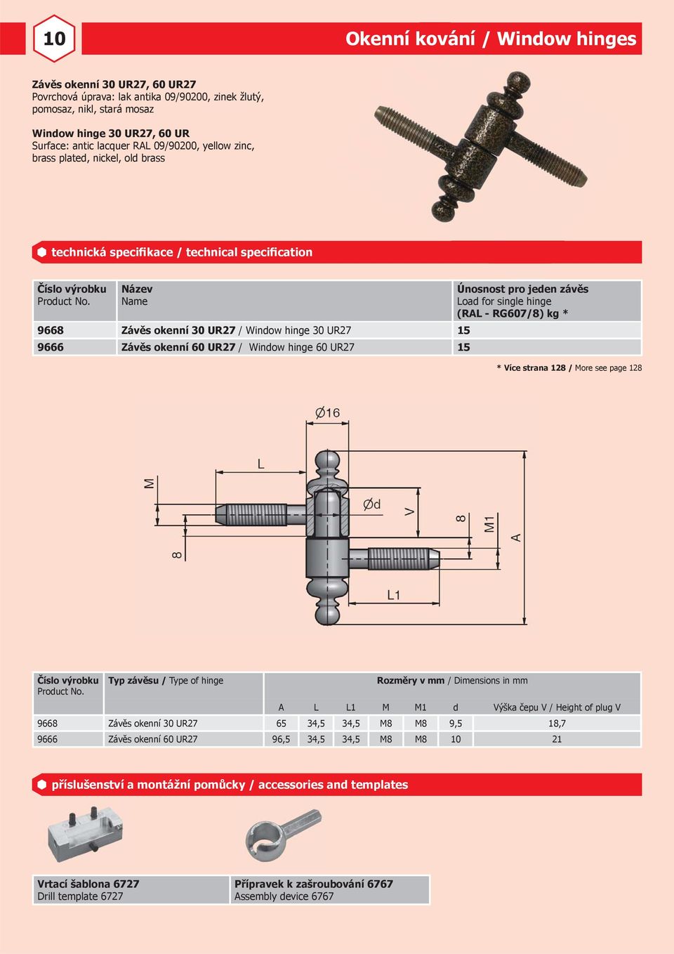 Window hinge 60 UR27 15 Typ závěsu / Type of hinge Rozměry v mm / Dimensions in mm A L L1 M M1 d Výška čepu V / Height of plug V 9668 Závěs okenní 30 UR27 65 34,5 34,5 M8 M8 9,5 18,7 9666