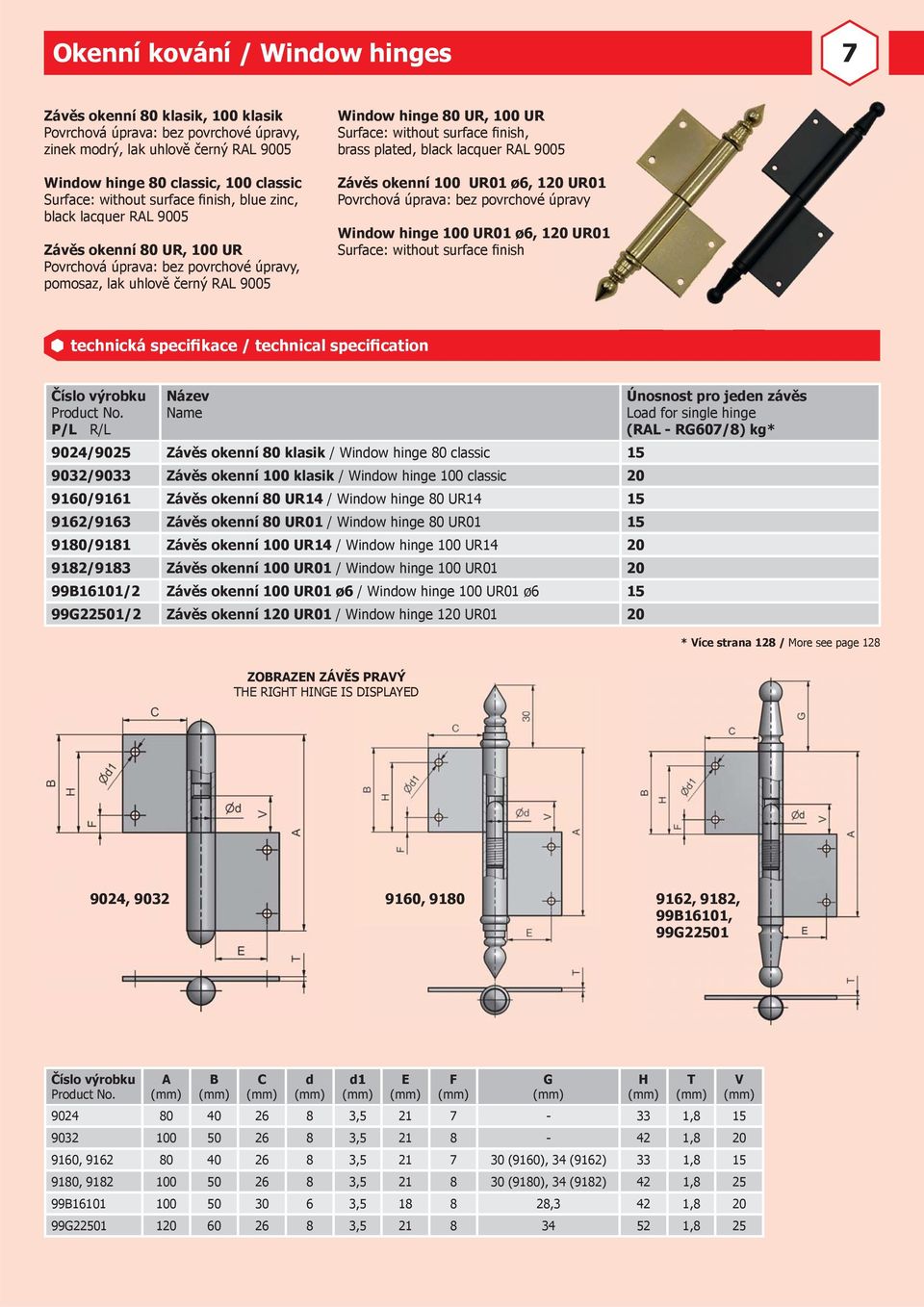 surface finish, brass plated, black lacquer RAL 9005 Závěs okenní 100 UR01 ø6, 120 UR01 Povrchová úprava: bez povrchové úpravy Window hinge 100 UR01 ø6, 120 UR01 Surface: without surface finish P/L