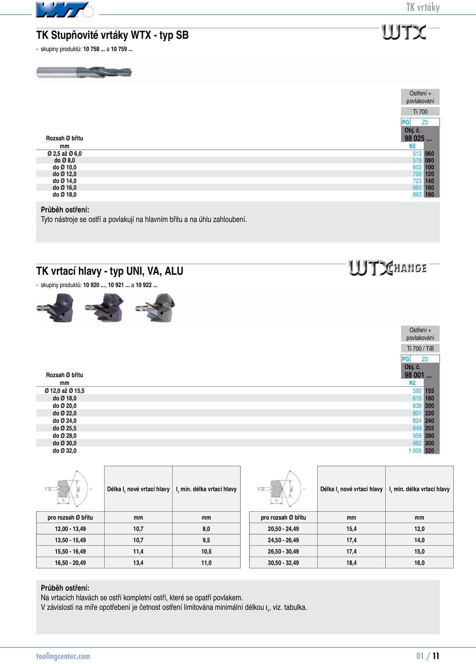 povlakují na hlavním břitu a na úhlu zahloubení. TK vrtací hlavy - typ UNI, VA, ALU skupiny produktů: 10 920..., 10 921... a 10 922... Ti 700 / TiB PG Z0 Obj. č. Rozsah Ø břitu 98 001.