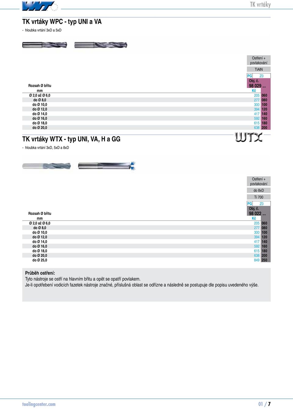 vrtáky WTX - typ UNI, VA, H a GG hloubka vrtání 3xD, 5xD a 8xD TiAlN PG Z0 Obj. č. Rozsah Ø břitu 98 022.