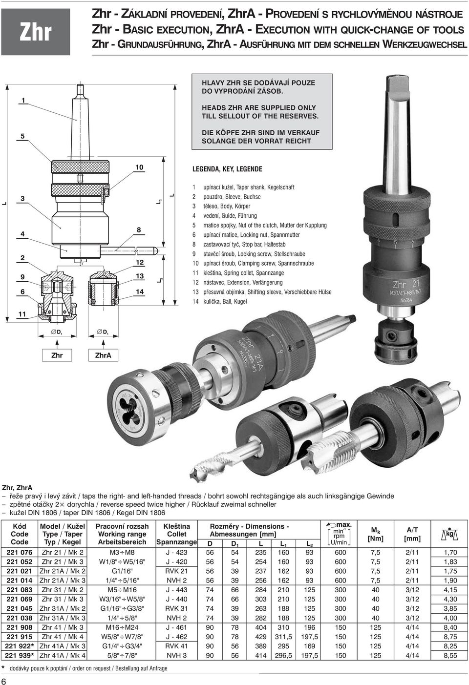 DIE KÖPFE ZHR SIND IM VERKAUF SOLANGE DER VORRAT REICHT LEGENDA, KEY, LEGENDE 1 upínací kužel, Taper shank, Kegelschaft 2 pouzdro, Sleeve, Buchse 3 těleso, Body, Körper 4 vedení, Guide, Führung 5