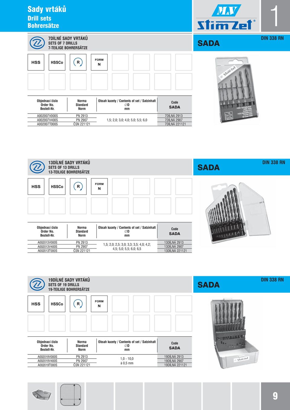 7DÍNÁ 221121 13DÍNé sady vrtáků sets of 13 Dris 13-teiige Bohrersätze SADA DiN 338 rn objednací číso order No. Beste-Nr.