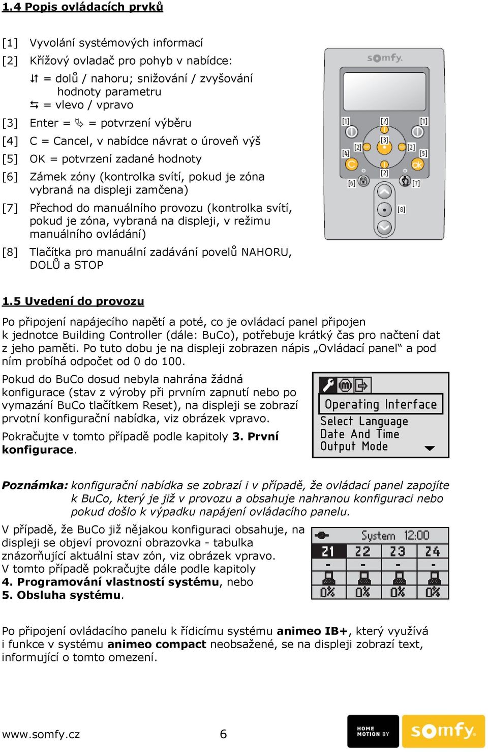 provozu (kontrolka svítí, pokud je zóna, vybraná na displeji, v režimu manuálního ovládání) [8] Tlačítka pro manuální zadávání povelů NAHORU, DOLŮ a STOP 1.