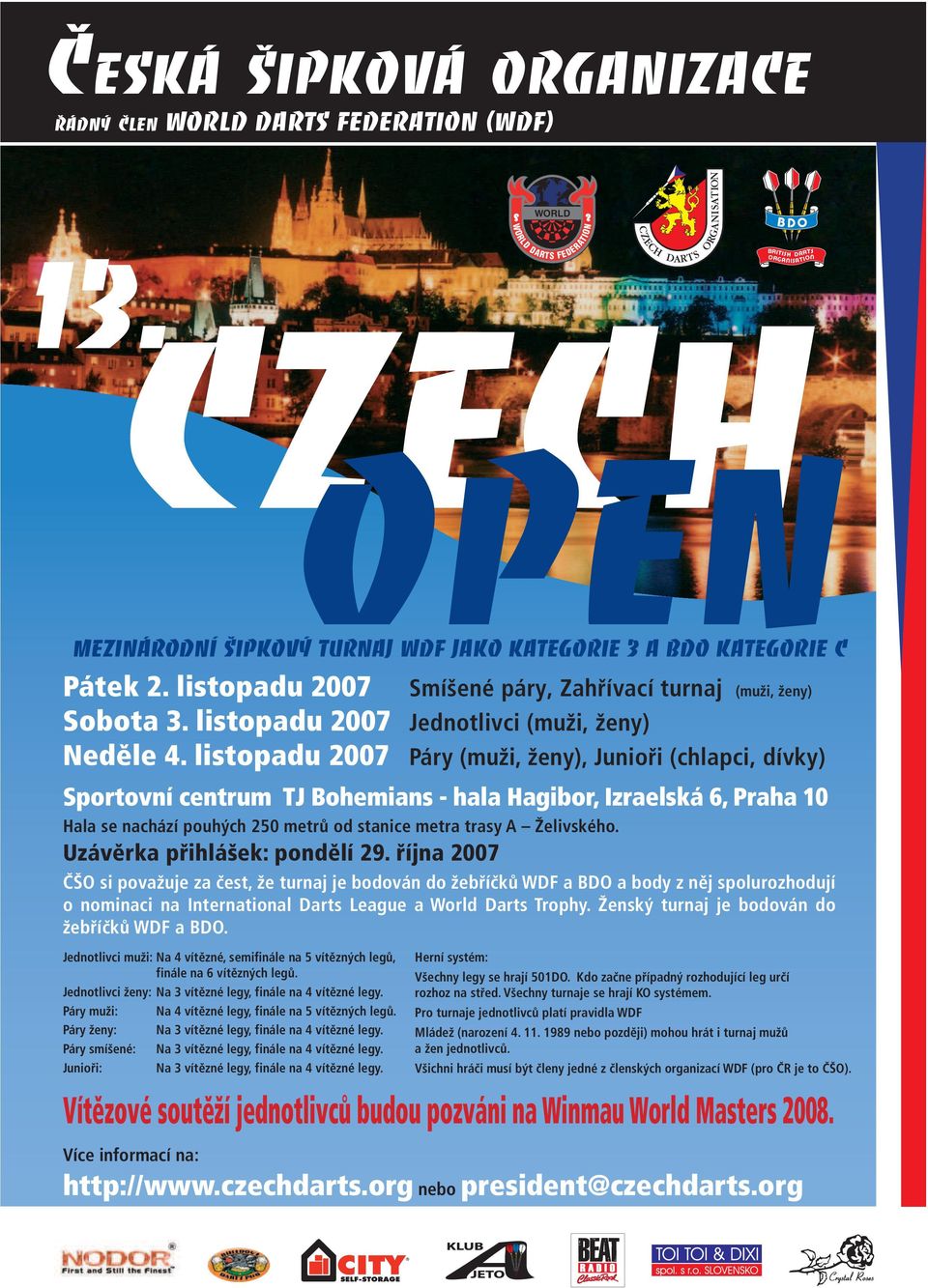 listopadu 2007 Páry (muži, ženy), Junioři (chlapci, dívky) Sportovní centrum TJ Bohemians - hala Hagibor, Izraelská 6, Praha 10 Hala se nachází pouhých 250 metrů od stanice metra trasy A Želivského.