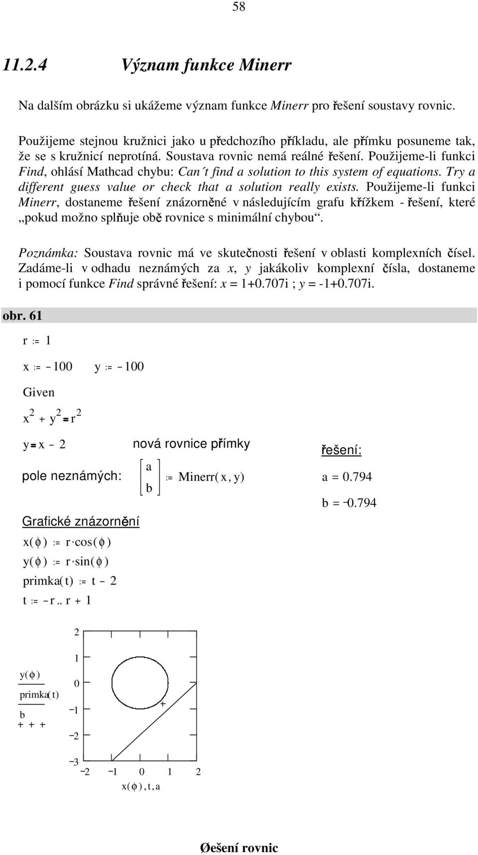 Použijeme-li funkci Find, ohlásí Mathcad chybu: Can t find a solution to this system of equations. Try a different guess value or check that a solution really exists.