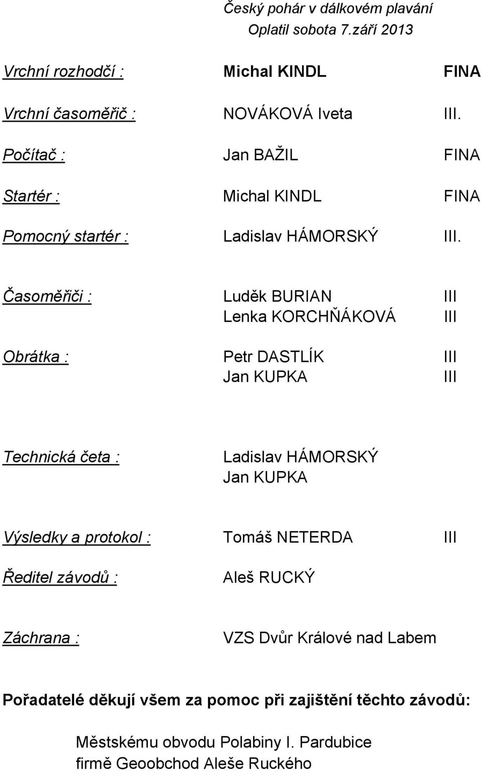 Časoměřiči : Luděk BURIAN III Lenka KORCHŇÁKOVÁ III Obrátka : Petr DASTLÍK III Jan KUPKA III Technická četa : Ladislav HÁMORSKÝ Jan