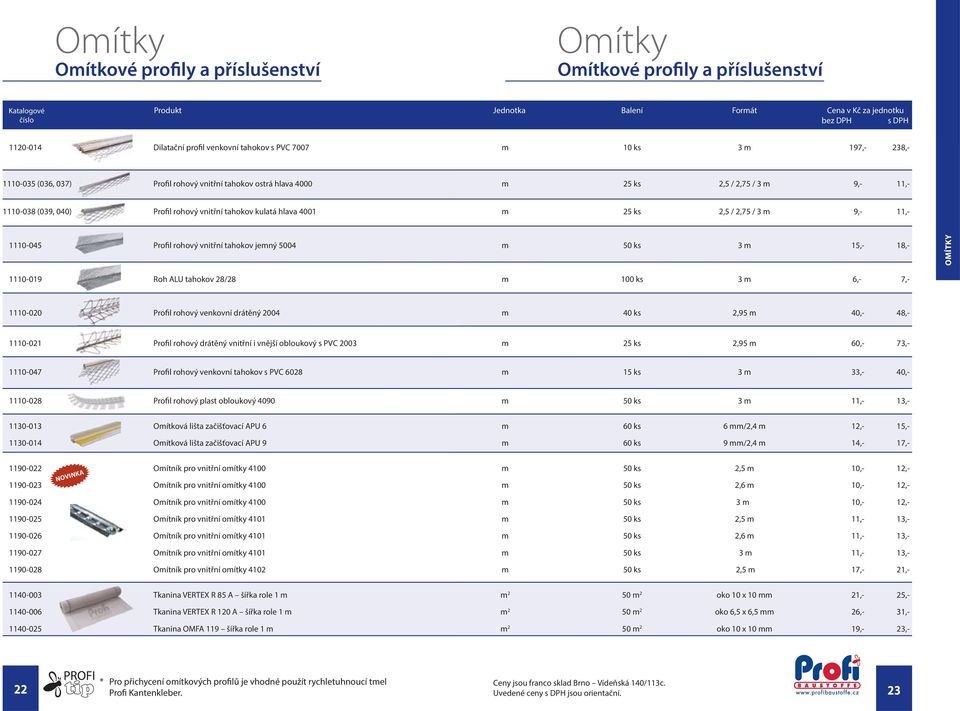 m 9,- 11,- 1110-045 Profil rohový vnitřní tahokov jemný 5004 1110-019 Roh ALU tahokov 28/28 m 50 3 m 15,- 18,- m 100 3 m 6,- 7,- OMÍTKY 1110-020 Profil rohový venkovní drátěný 2004 m 40 2,95 m 40,-