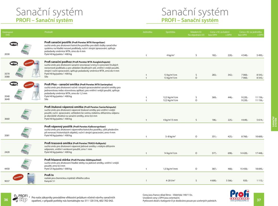 směrnice WTA, zrno do 4 mm 2030 Pytel 40 kg/paleta 1 400 kg Profi sanační podhoz (Profi Poretec WTA Ausgleichsputz) suchá směs pro zhotovení sanační srovnávací vrstvy k vyrovnání hrubých nerovností