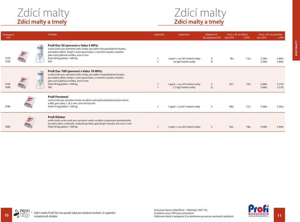 1570 Pytel 40 kg/paleta 1 400 kg 1550 Silo t 1 pytel = cca 26 l mokré malty S 96,- 116,- 2 390,- 2 892,- t 1,6 kg/l mokré malty O 2 390,- 2 892,- ZDÍCÍ MALTY Profi Dur 100 (pevnost v tlaku 10 MPa)