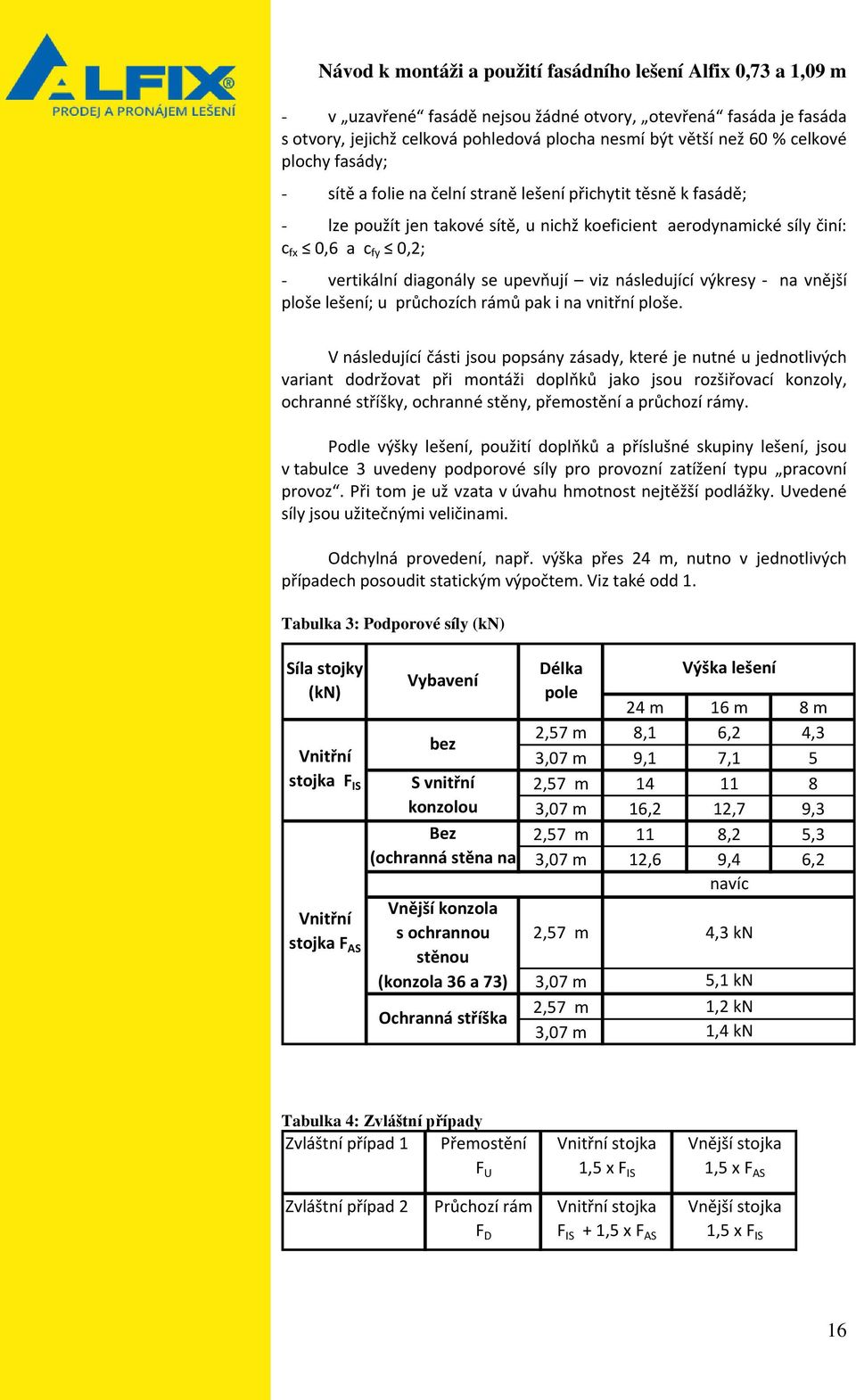 lešení; u průchozích rámů pak i na vnitřní ploše.