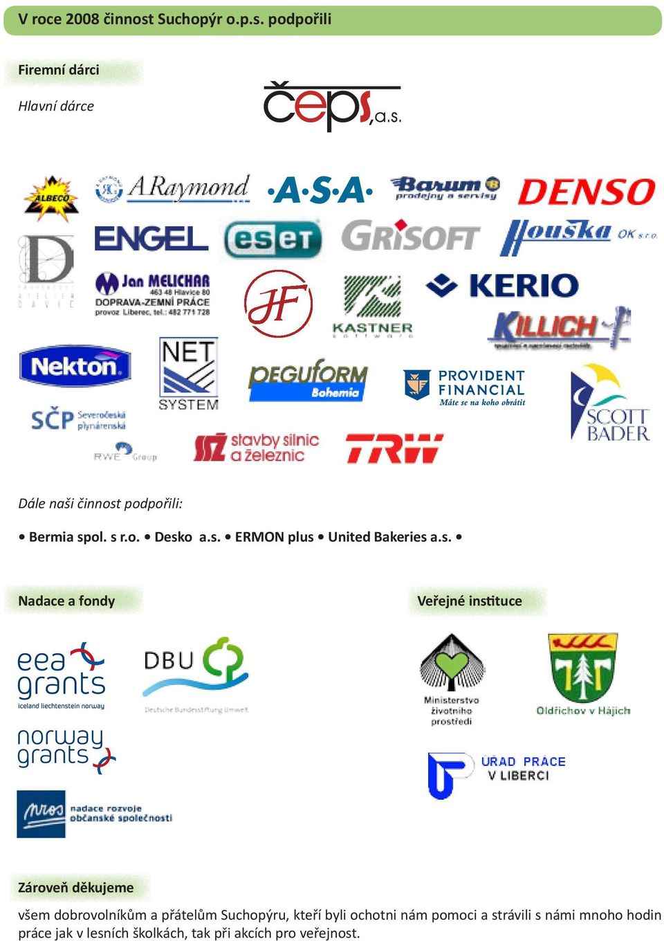 s r.o. Desko a.s. ERMON plus United Bakeries a.s. Nadace a fondy Veřejné instituce Zároveň