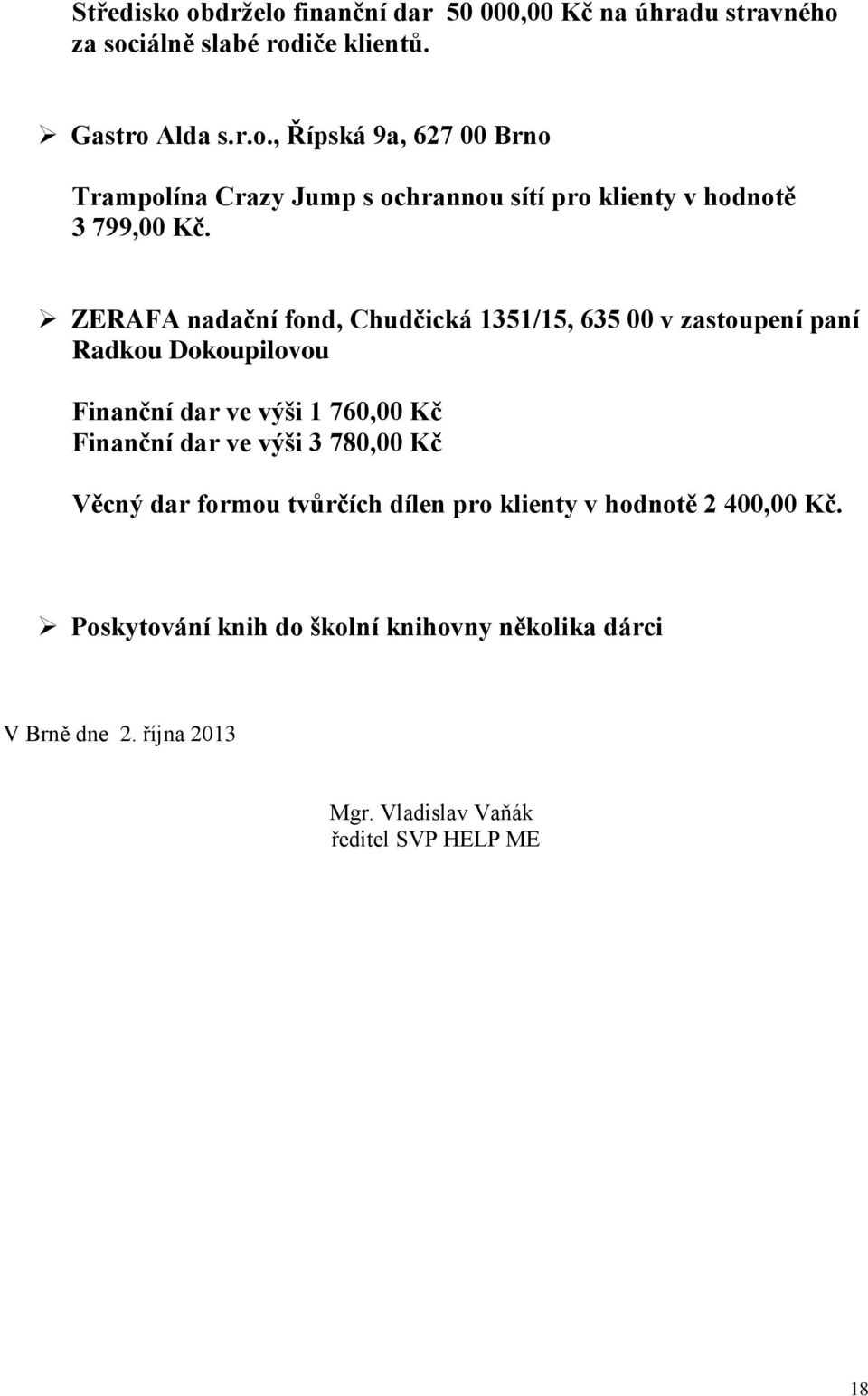 3 780,00 Kč Věcný dar formou tvůrčích dílen pro klienty v hodnotě 2 400,00 Kč.
