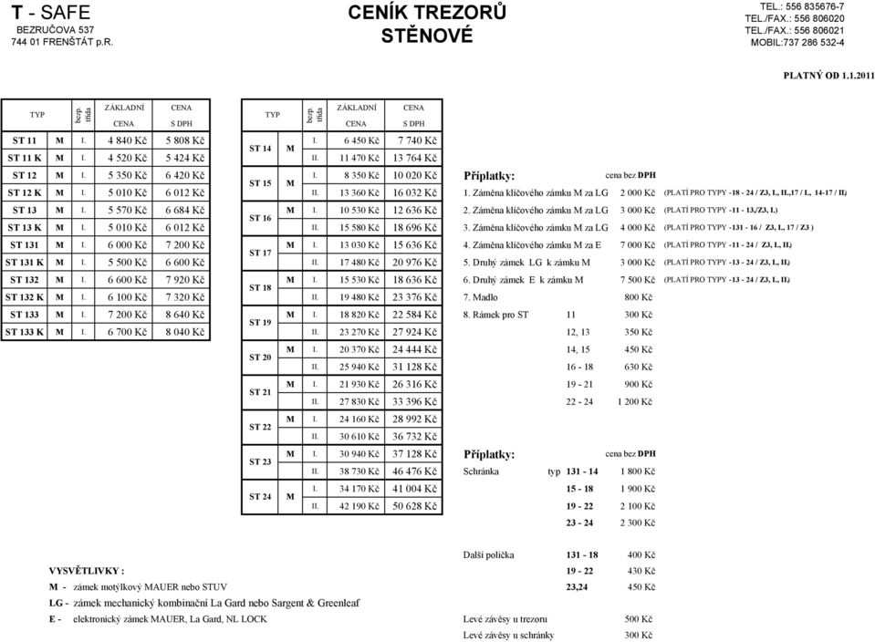 ,17 / I., 14-17 / II.) ST 13 I. 5 570 Kč 6 684 Kč I. 10 530 Kč 12 636 Kč 2. Záměna klíčového zámku za LG 3 000 Kč (PLATÍ PRO Y - 11-13,/Z3, I.) ST 16 ST 13 K I. 5 010 Kč 6 012 Kč II.