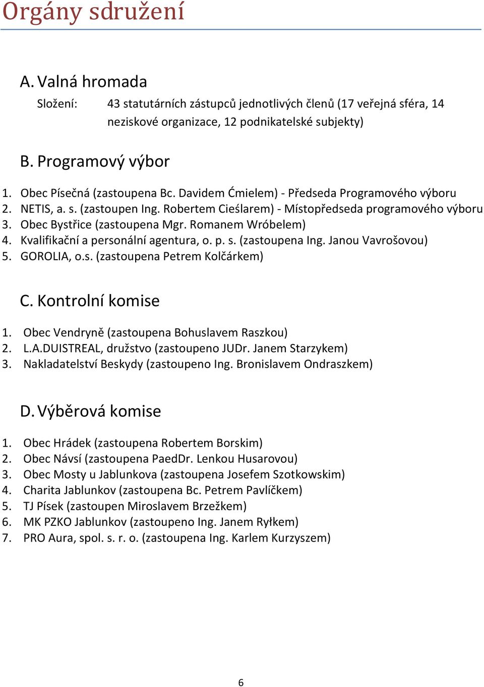 Romanem Wróbelem) 4. Kvalifikační a personální agentura, o. p. s. (zastoupena Ing. Janou Vavrošovou) 5. GOROLIA, o.s. (zastoupena Petrem Kolčárkem) C. Kontrolní komise 1.