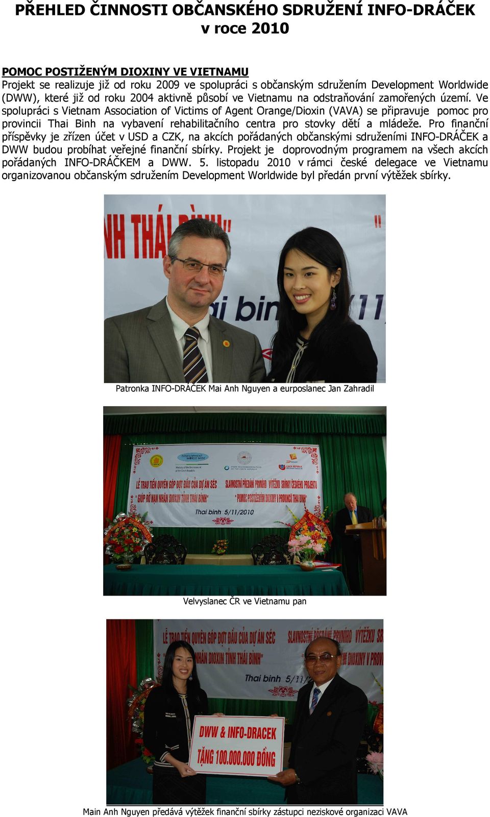 Ve spolupráci s Vietnam Association of Victims of Agent Orange/Dioxin (VAVA) se připravuje pomoc pro provincii Thai Binh na vybavení rehabilitačního centra pro stovky dětí a mládeže.