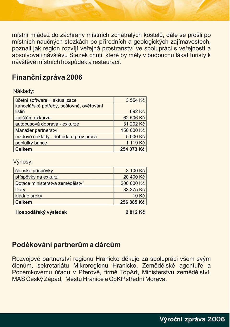 Finanční zpráva 2006 Náklady: účetní software + aktualizace kancelářské potřeby, poštovné, ověřování listin zajištění exkurze autobusová doprava - exkurze Manažer partnerství mzdové náklady - dohoda