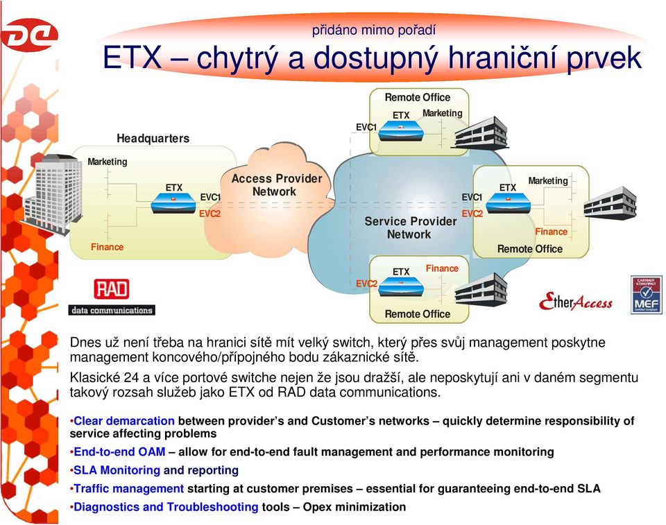 zákaznické sítě. Klasické 24 a více portové switche nejen že jsou dražší, ale neposkytují ani v daném segmentu takový rozsah služeb jako ETX od RAD data communications.