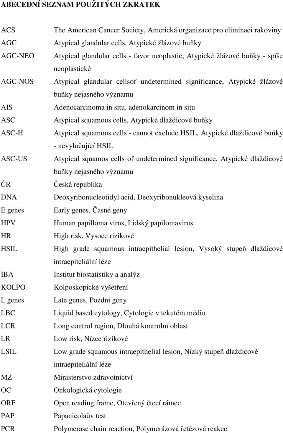 undetermined significance, Atypické žlázové buňky nejasného významu Adenocarcinoma in situ, adenokarcinom in situ Atypical squamous cells, Atypické dlaždicové buňky Atypical squamous cells - cannot