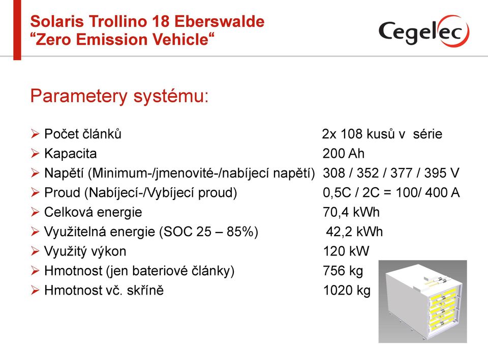 (Nabíjecí-/Vybíjecí proud) 0,5C / 2C = 100/ 400 A Celková energie 70,4 kwh Využitelná energie (SOC