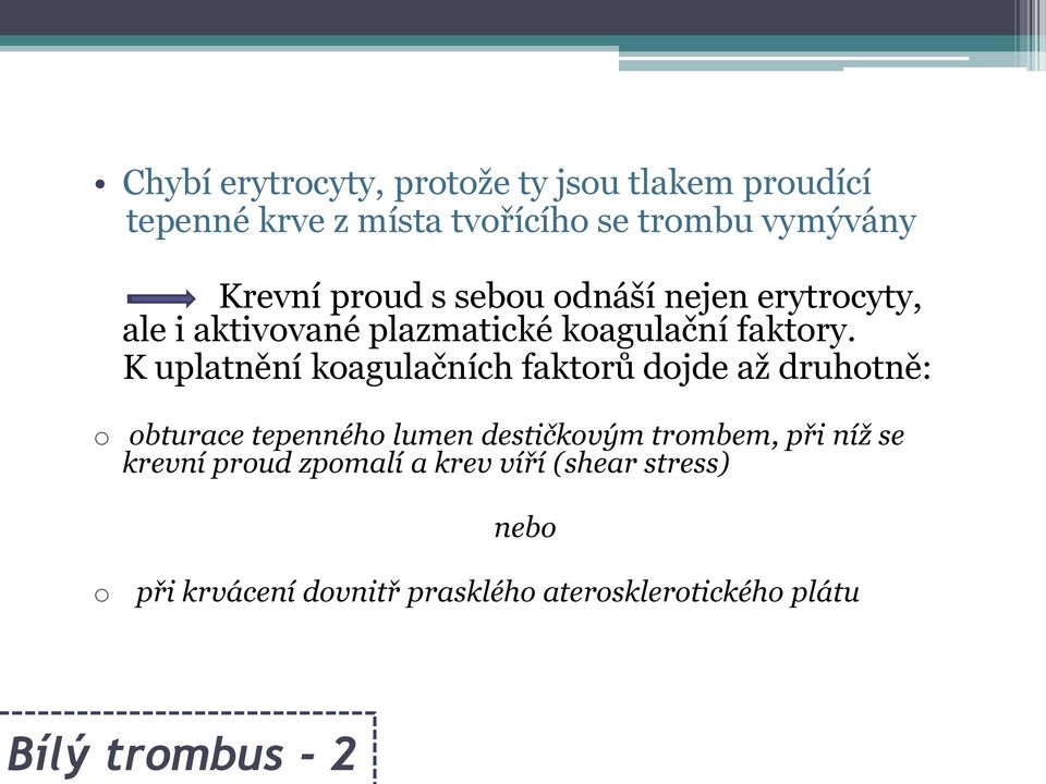 K uplatnění koagulačních faktorů dojde až druhotně: o obturace tepenného lumen destičkovým trombem, při níž