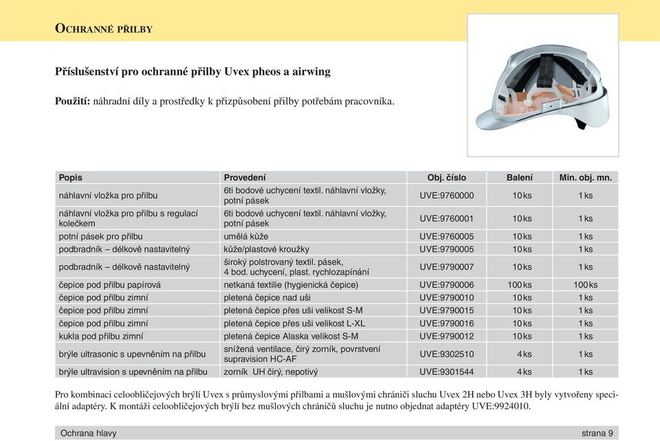 náhlavní vložky, potní pásek UVE:9760000 10 ks 1 ks UVE:9760001 10 ks 1 ks potní pásek pro přilbu umělá kůže UVE:9760005 10 ks 1 ks podbradník délkově nastavitelný kůže/plastové kroužky UVE:9790005