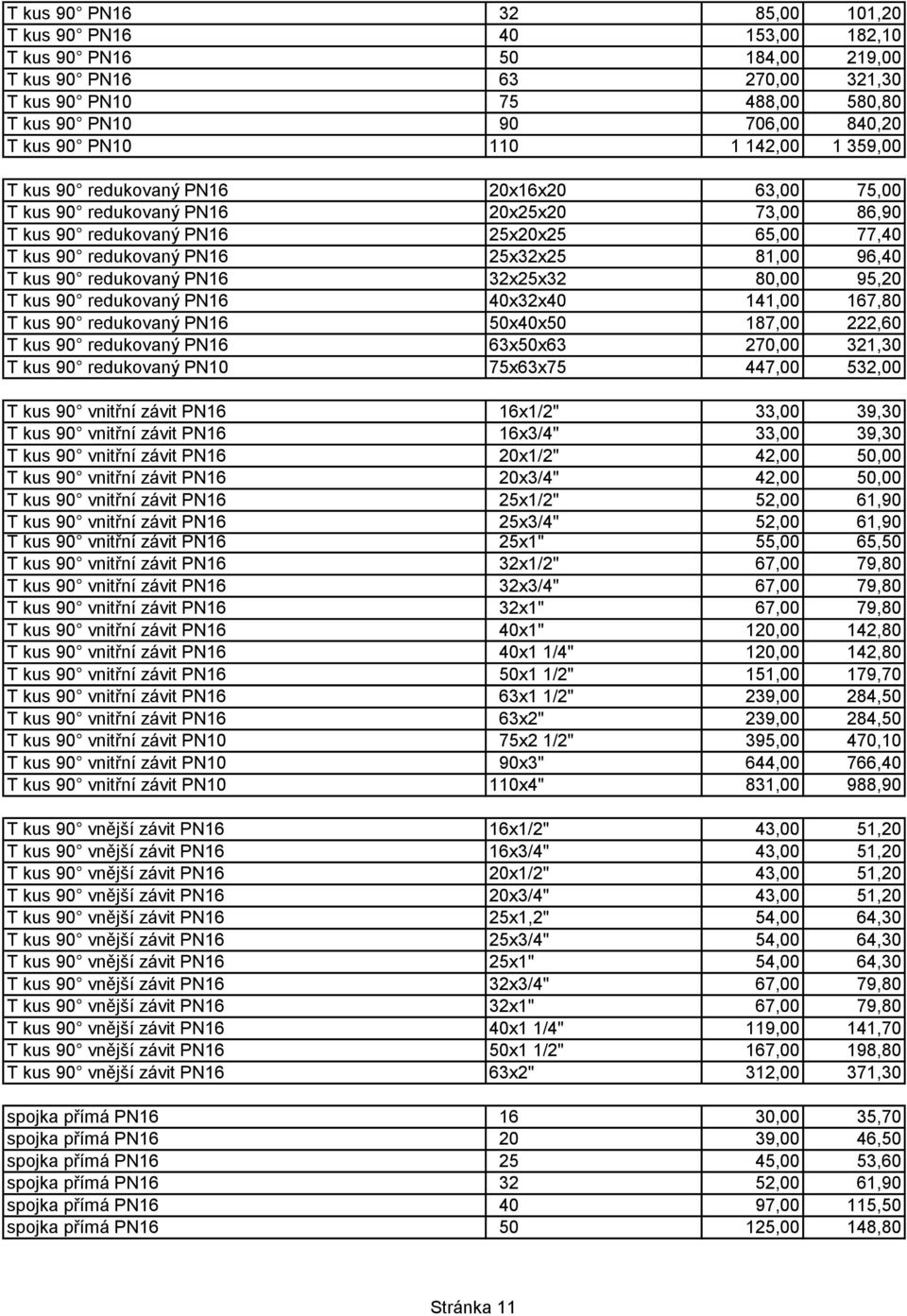 96,40 T kus 90 redukovaný PN16 32x25x32 80,00 95,20 T kus 90 redukovaný PN16 40x32x40 141,00 167,80 T kus 90 redukovaný PN16 50x40x50 187,00 222,60 T kus 90 redukovaný PN16 63x50x63 270,00 321,30 T