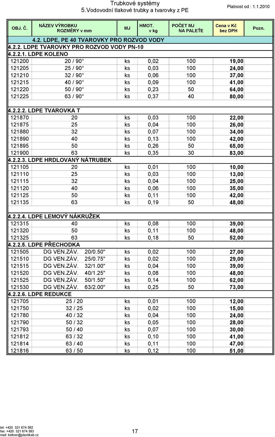 LDPE KOLENO 121200 20 / 90 ks 0,02 100 19,00 121205 25 / 90 ks 0,03 100 24,00 121210 32 / 90 ks 0,06 100 37,00 121215 40 / 90 ks 0,09 100 41,00 121220 50 / 90 ks 0,23 50 64,00 121225 63 / 90 ks 0,37